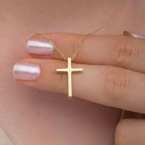 New Elegant Solid 14K Yellow Gold Cross Pendant Necklace 18” Long